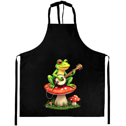 Whimsical Frog Playing Guitar on Mushroom Aprons
