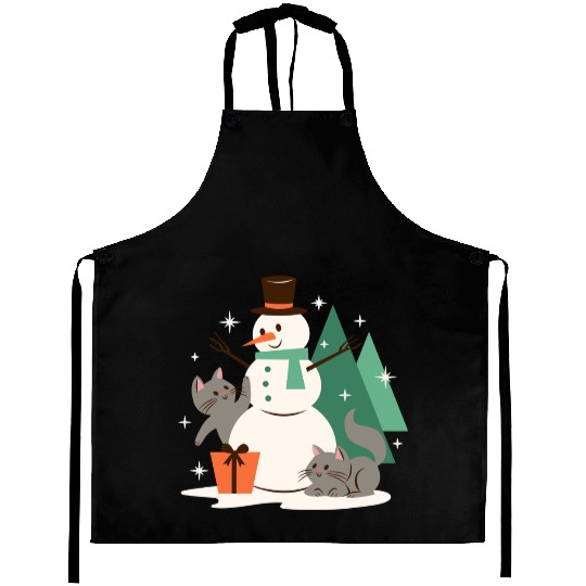 Festive Snowman with Cats and Pine Trees Aprons