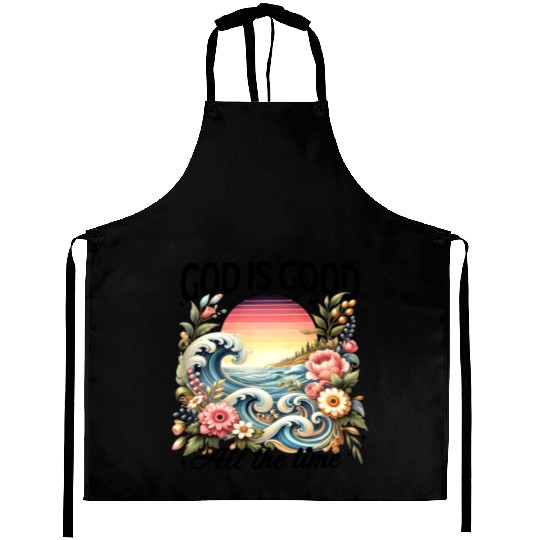 Elegant Wave and Floral Sunset Scene - GOD IS GOOD Aprons