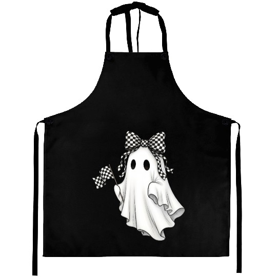 Ghost Boo Checkered Bow Race Day Racing Flag Racer Aprons