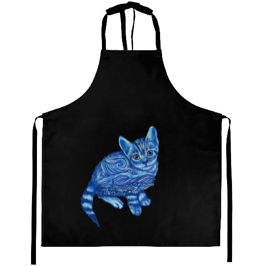 Blue Van Gogh Starry Night Bengal Cat Illustration Aprons