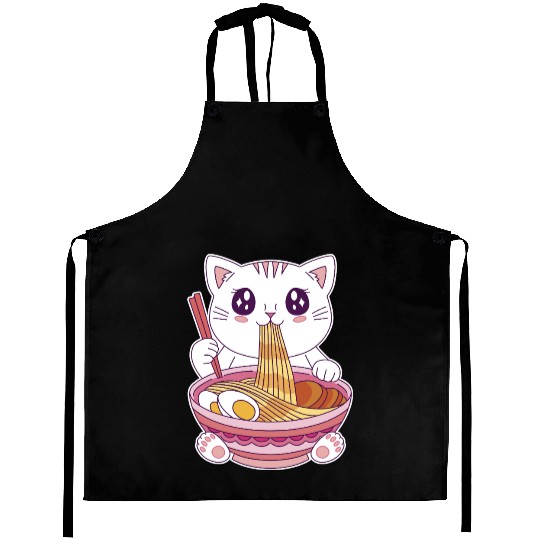Cute Kawaii Cat Eating Ramen  Aprons