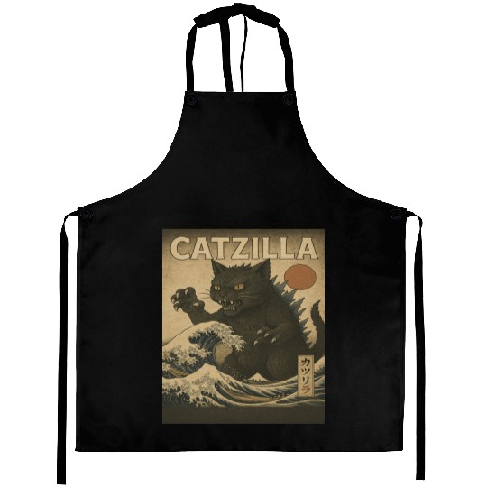 Ukiyo-e Catzilla Retro Japanese Monster Cat Aprons