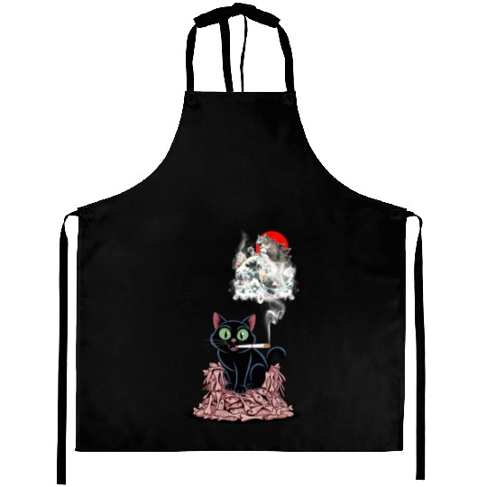 Black Cat Smoking Cigarette Catzilla Aprons