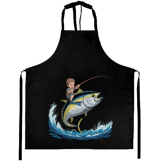 Joyful young boy rides massive jumping tuna Aprons