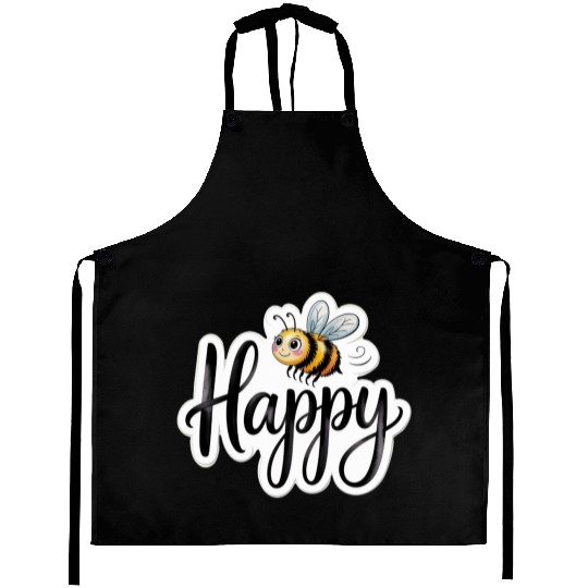 Whimsical Bee and Happy Text Artwork Aprons