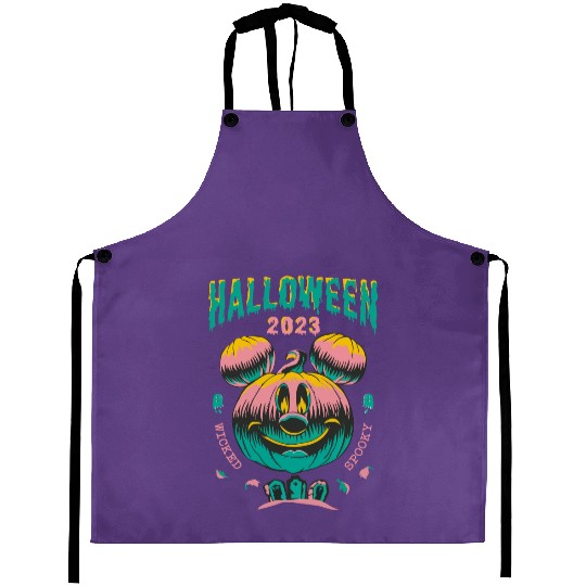 Mickey Pumpkin Wicked Happy Halloween Aprons, Halloween Aprons, Disney Aprons, Spooky Aprons