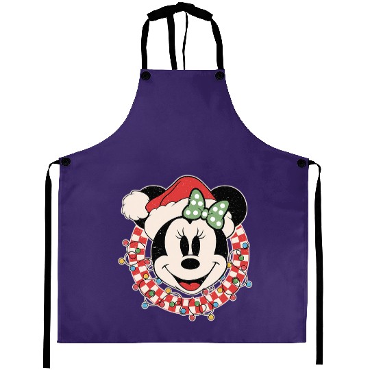 Retro Minnie Christmas Checkered Aprons, Disney Christmas  Aprons, Disney Christmas Lights Aprons, Christmas Party 2024 Aprons