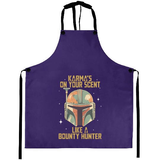Vintage Mandalorian Inspired Aprons, Karma Is On Your Scent Bounty Hunter Aprons, Star Wars Aprons, Disneyland Aprons,  Aprons
