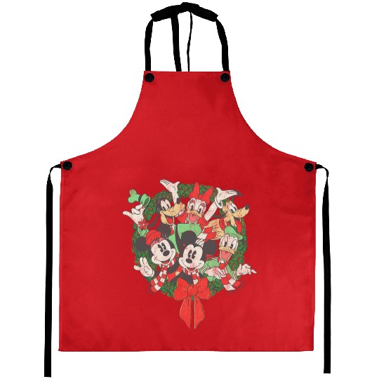 Vintage Disney Mickey and Friends Group Shot Christmas Wreath Retro Aprons