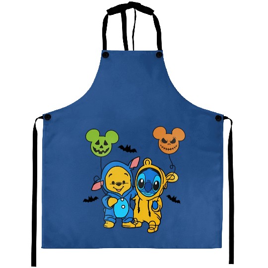 Disney Pooh And Stitch Halloween Aprons, Disney Friends Aprons, Halloween Matching Aprons