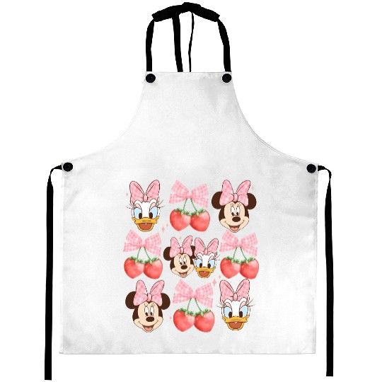 Vintage Minnie And Daisy Pink Bow Aprons, Disney Coquette Strawberry Aprons