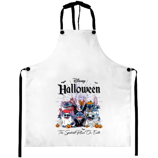 Disney Stitch Halloween Aprons, Stitch Halloween Pumpkin Aprons, Stitch Horror Halloween Aprons, Disney Castle Halloween Aprons