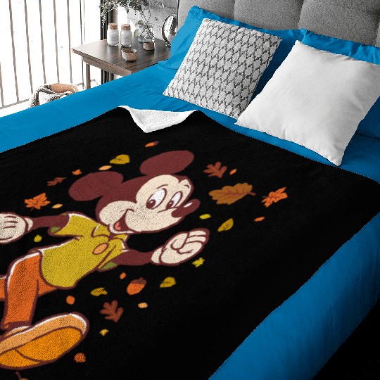 Disney Mickey Mouse Strolling Through Autumn Leaves Fall Baby Blankets
