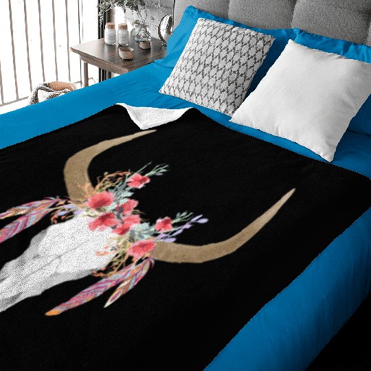 Floral Cow Skull With Feathers Bull Skull Baby Blankets