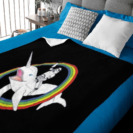 Spaceman riding narwhal through rainbow Baby Blankets