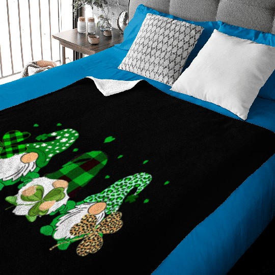 Three Gnomes Holding Shamrock Leopard Plaid Baby Blankets