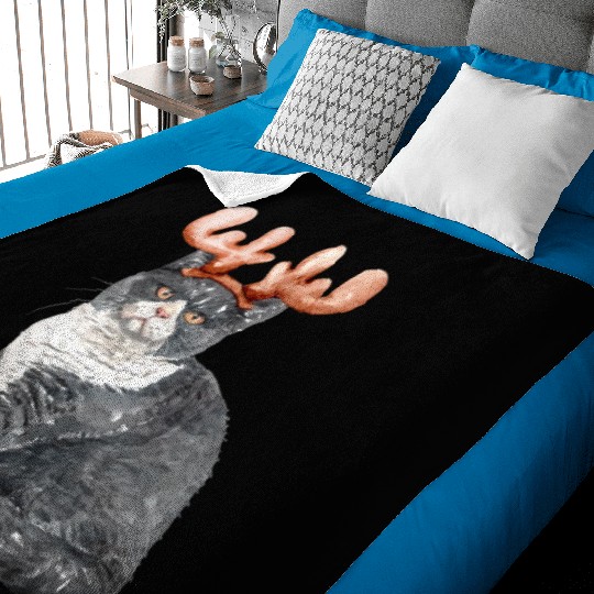 Funny Black White Cat with Deer antlers Watercolor Baby Blankets