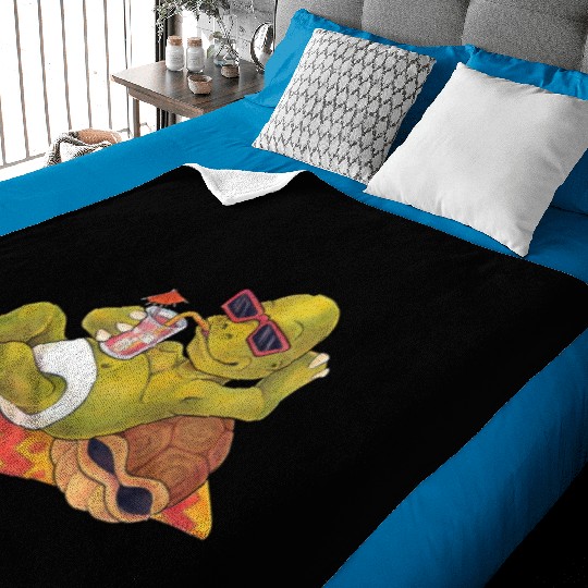 Summer turtle naked on the beach with cocktail Baby Blankets