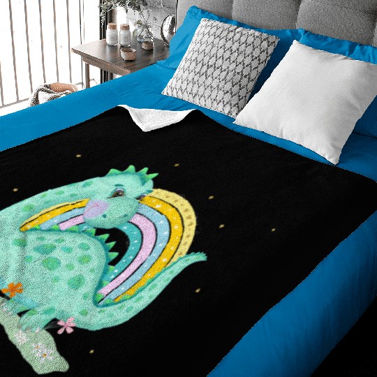 Dinosaur with Rainbow and Flowers Baby Blankets