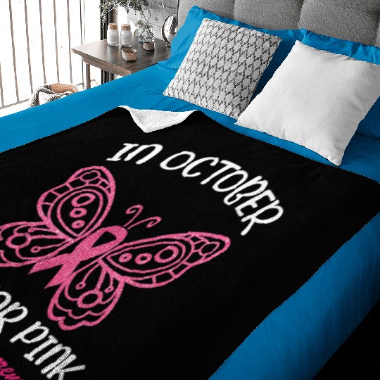 In October We Wear Pink Butterfly Breast Cancer Baby Blankets