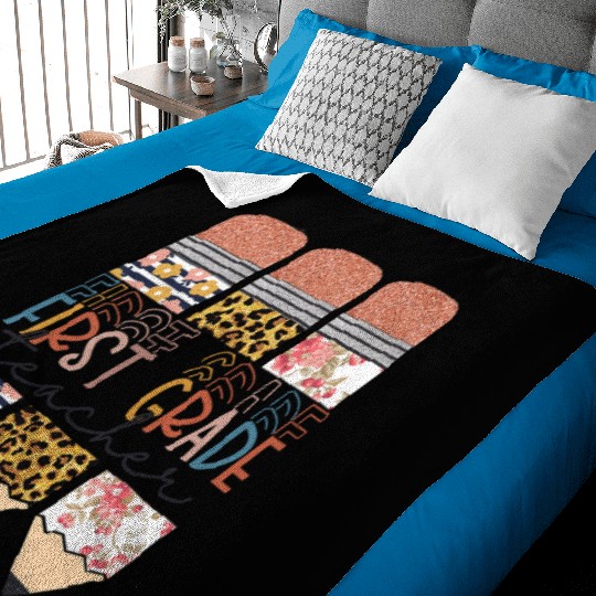 First Grade Teacher Funny Leopard Pencil Back To Baby Blankets