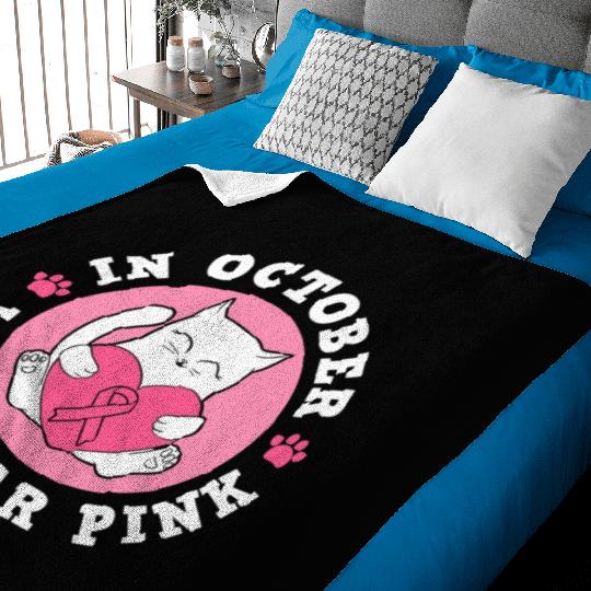 In October We Wear Pink Breast Cancer Warrior Cat Baby Blankets