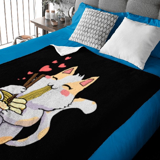 Funny Kawaii Cat Eating Ramen - Kawaii Neko Cat Baby Blankets