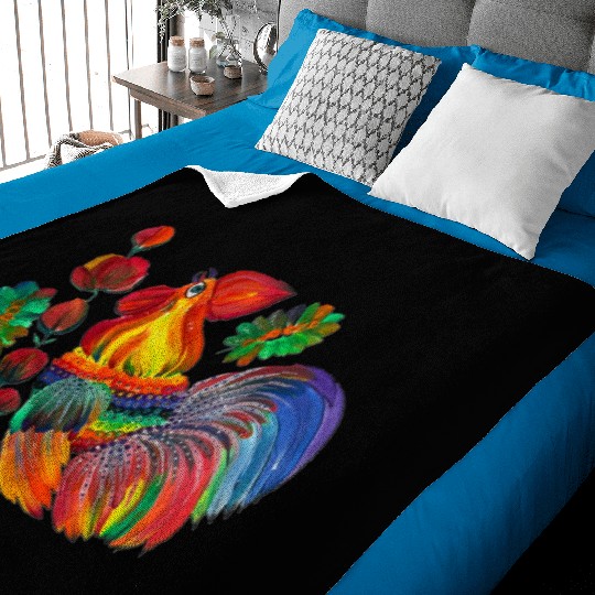 Magic cock. Petrykivka painting. Rainbow rooster Baby Blankets