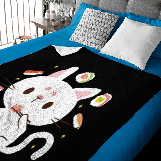 Kawaii Cat Eating Sushi Japanese Raw Food Baby Blankets