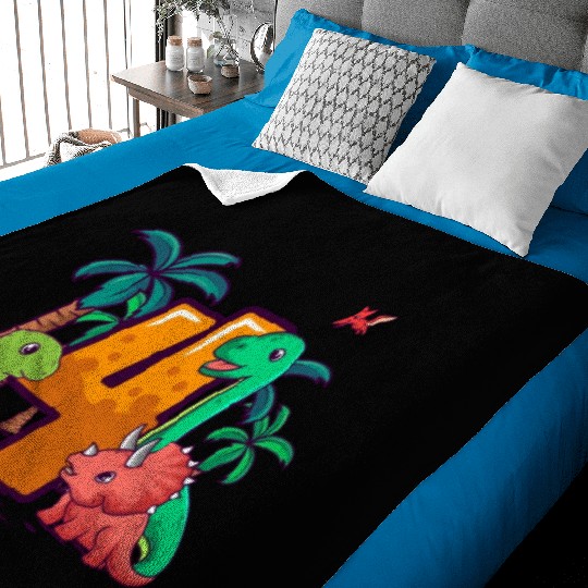 4th Birthday Trex Triceratops Dinosaur 4 Year Baby Blankets