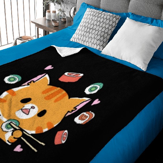 Kawaii Cat Eating Sushi Japanese Raw Food Baby Blankets