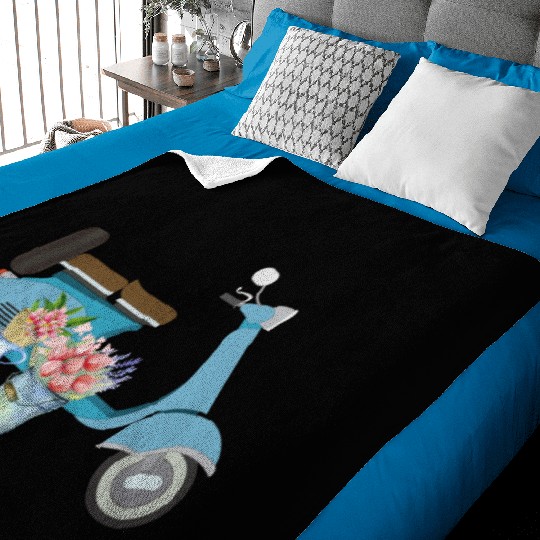 Blue Retro Scooter With Tulips Art Design Baby Blankets