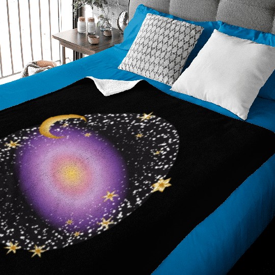 glowing violet galaxy with moon and stars Baby Blankets