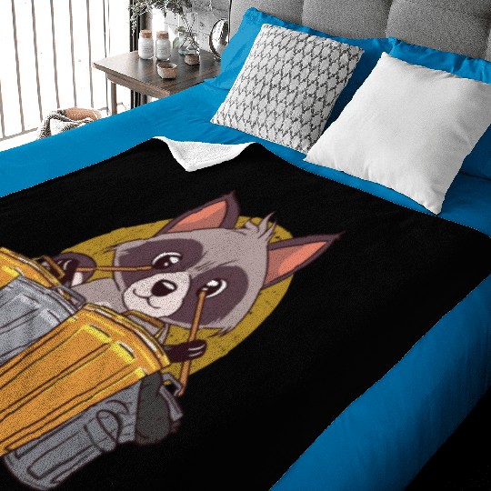 Raccoon Playing Drums Using Trash Cans - Funny Baby Blankets