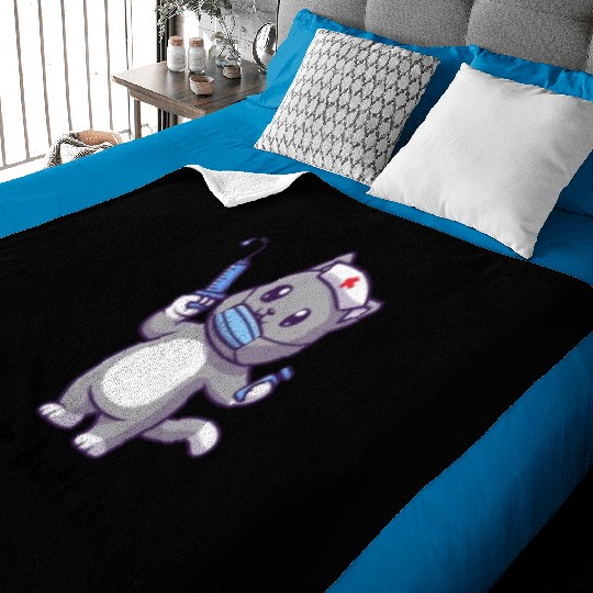 Cute nurse cat wearing medical mask with syringe, Baby Blankets