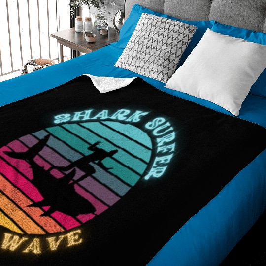 Shark Surfer Ride the Wave Rainbow Sunset Neon Baby Blankets