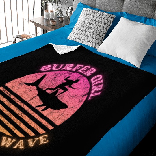 Surfer Girl Ride the Wave Shark Sunset Neon Baby Blankets