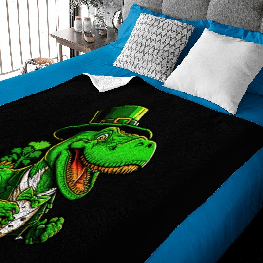 St Patricks Day T-rex Dinosaur With Top Hat Baby Blankets