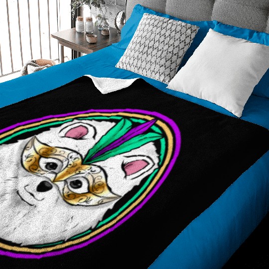 Pomeranian Or Samoyed Dog With Mask For Mardi Gras Baby Blankets