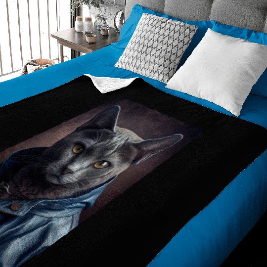 Russian Blue Cat Breed Portrait wears a leather j Baby Blankets