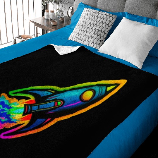 Psychedelic Retro Neon Rocket Baby Blankets