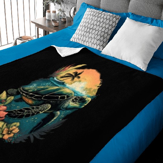 Turtle Hawaiian Sea Turtles Hibiscus Flower Baby Blankets