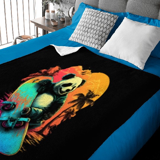 Cool Retro Panda Skateboard Neon Gift Baby Blankets