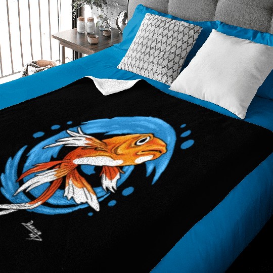 Carp Koi Fish on Blue waves green Baby Blankets