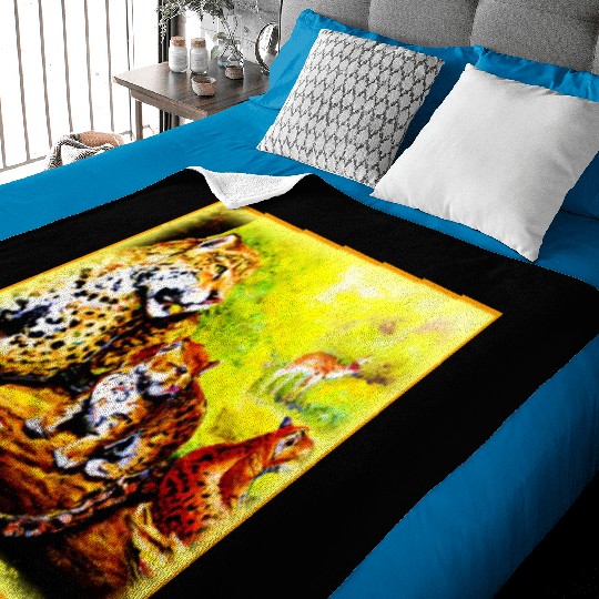 Jaguar Mom and Cubs Relaxing in Jungle. Buy Now Baby Blankets