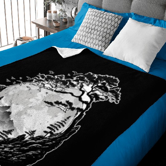 Japanese Mountain Landscape Gothic Full Moon Fores Baby Blankets