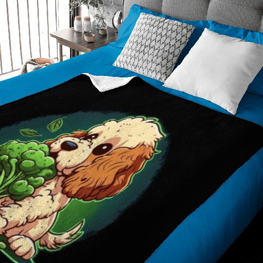 Cute dog eats green broccoli vegetables Baby Blankets