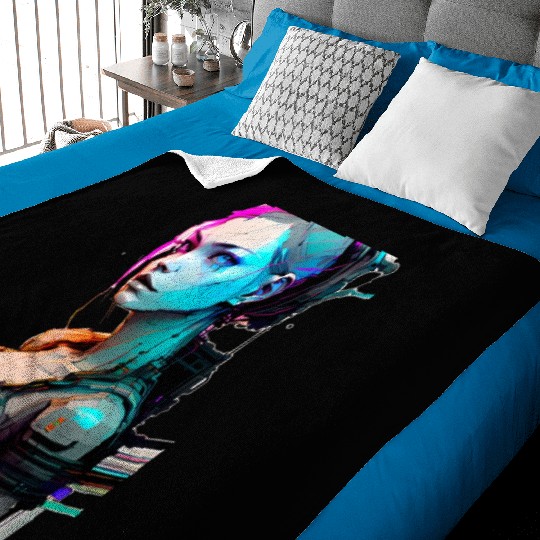 High Tech Style Illustration of a Cyberpunk Girl Baby Blankets
