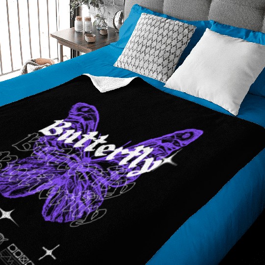 Black Purple White Modern Illustrated Butterfly Baby Blankets